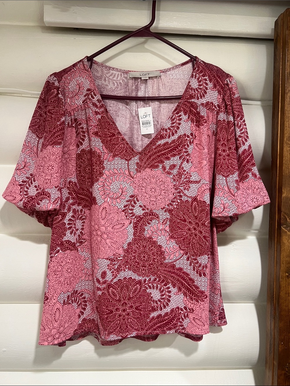 LOFT Pink & Burgundy Paisley Floral V-Neck Blouse